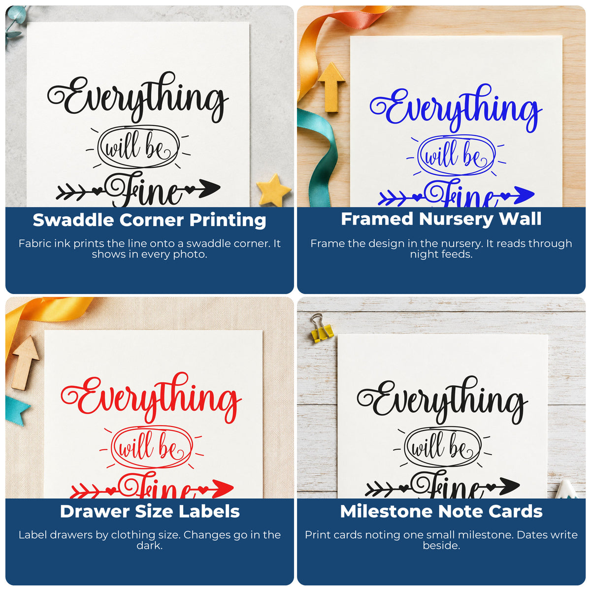 Four ways to use the Everything Will Be Fine With Hearts Stamp – PSI Pre-Inked: swaddle corner printing, framed nursery wall, drawer size labels and milestone note cards.