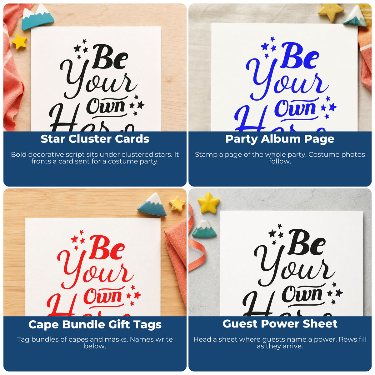 Four ways to use the Be Your Own Hero Rubber Stamp – Wood Handle: star cluster cards, party album page, cape bundle gift tags and guest power sheet.