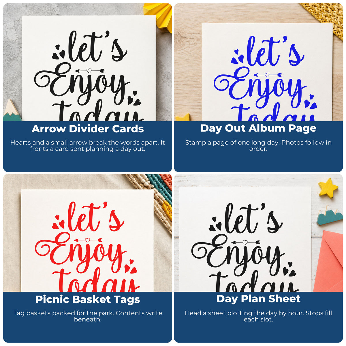 Four ways to use the Let's Enjoy Today Wood Handle Stamp: arrow divider cards, day out album page, picnic basket tags and day plan sheet.