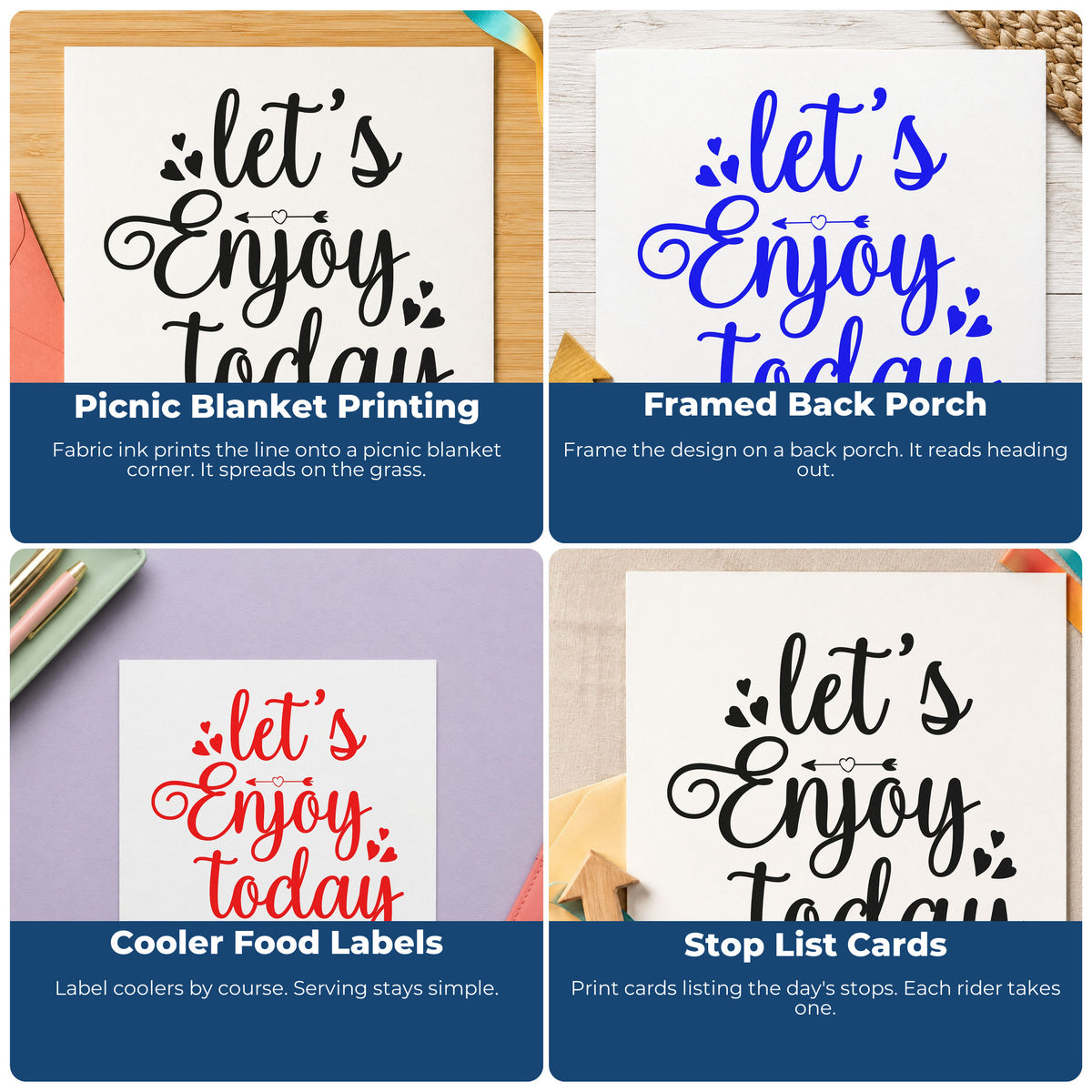 Four ways to use the Let's Enjoy Today Wood Handle Stamp: picnic blanket printing, framed back porch, cooler food labels and stop list cards.