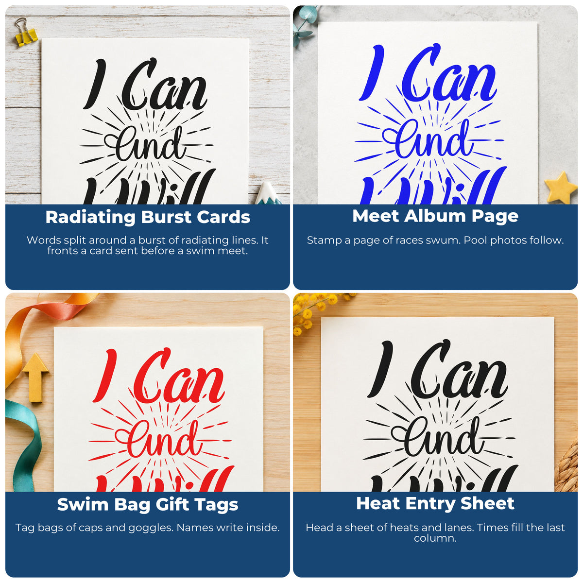 Four ways to use the I Can And I Will Craft Stamp – Self-Inking: radiating burst cards, meet album page, swim bag gift tags and heat entry sheet.