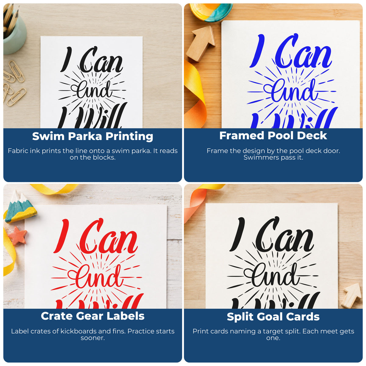 Four ways to use the I Can And I Will Craft Stamp – Self-Inking: swim parka printing, framed pool deck, crate gear labels and split goal cards.