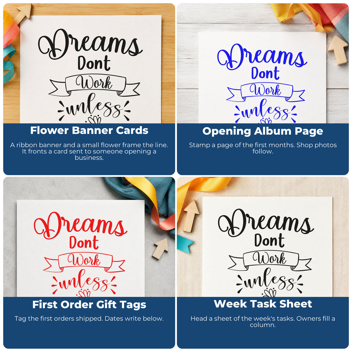 Four ways to use the Dreams Don't Work Flower And Ribbon Stamp – Wood Handle: flower banner cards, opening album page, first order gift tags and week task sheet.