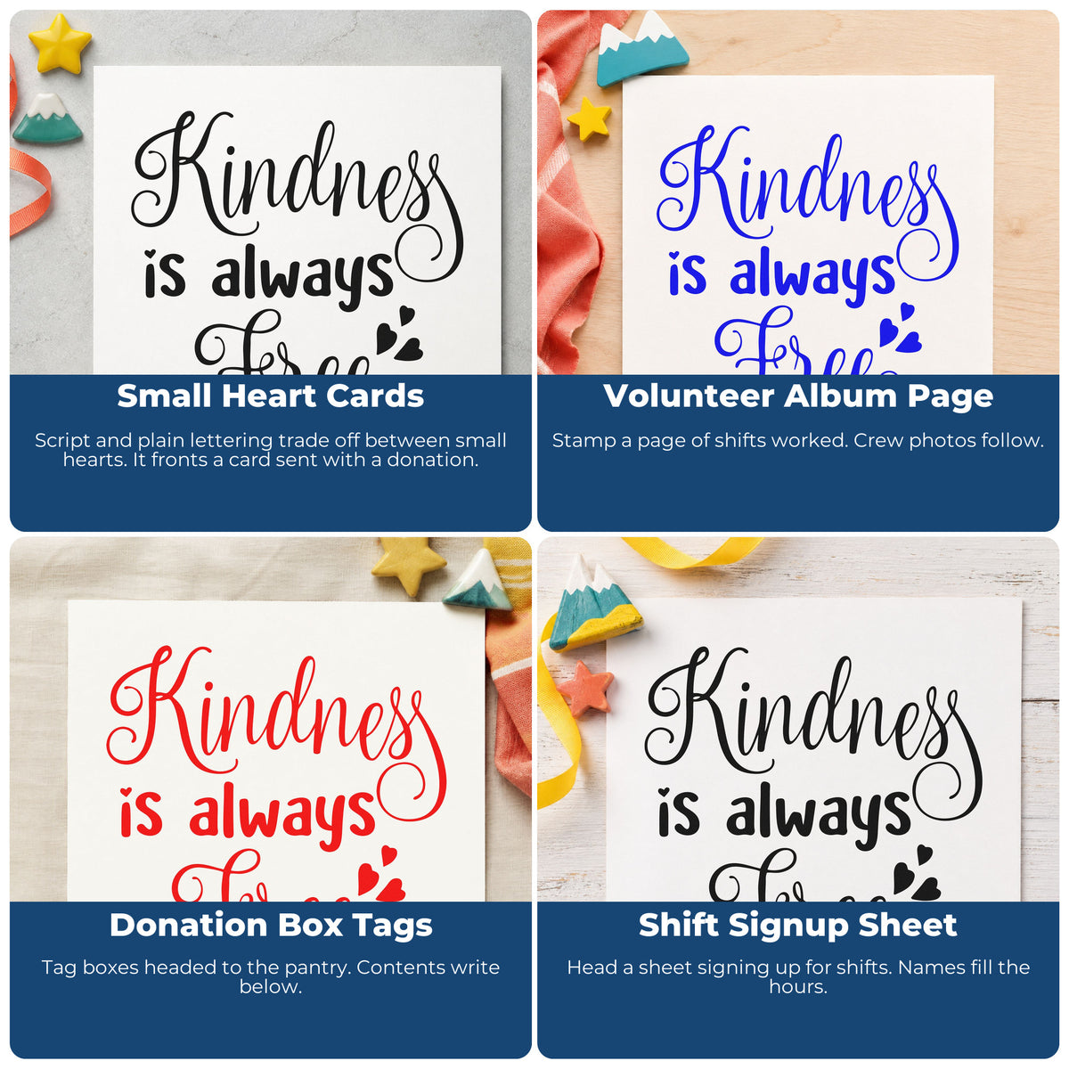 Four ways to use the Kindness Is Always Free PSI Pre-Inked Stamp: small heart cards, volunteer album page, donation box tags and shift signup sheet.