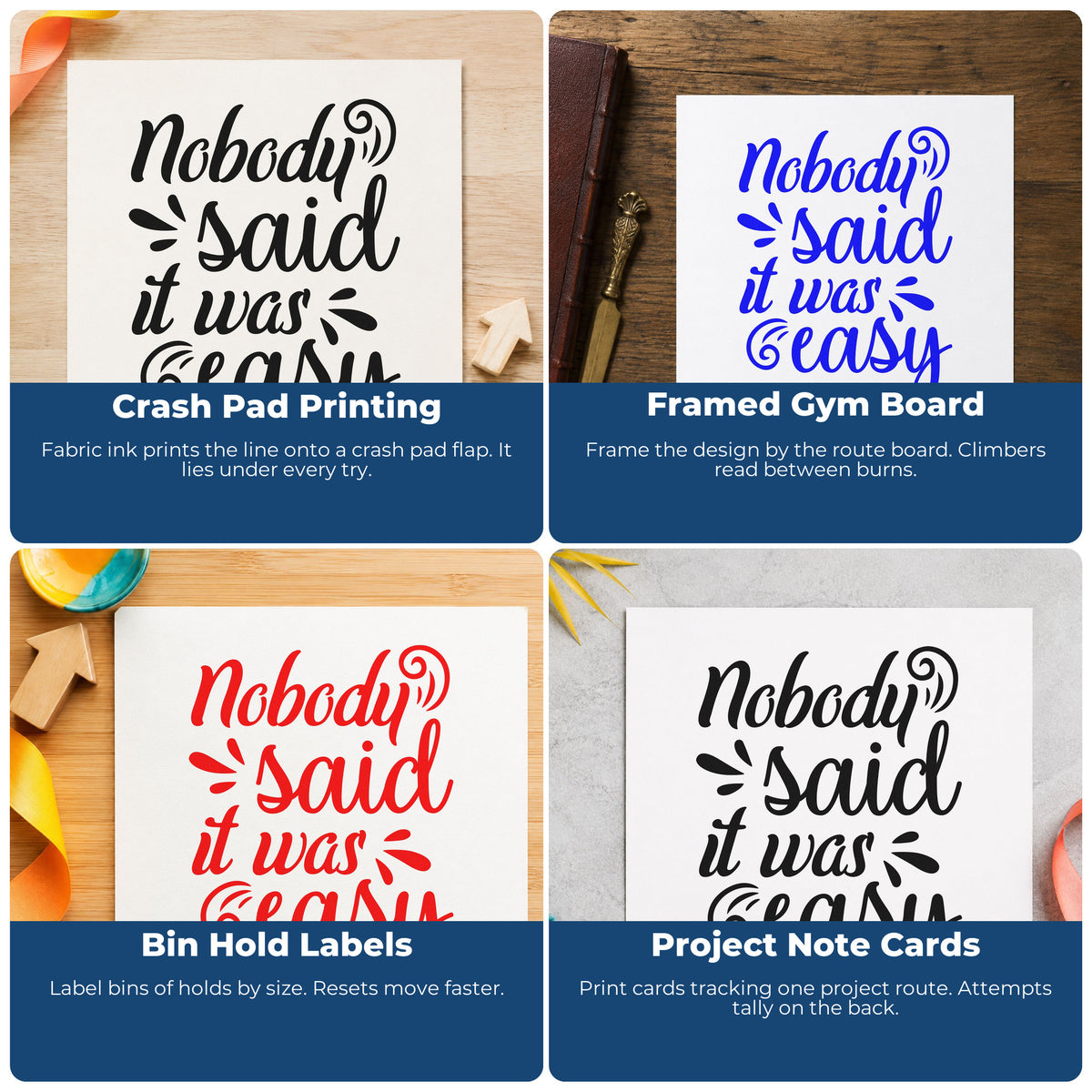 Four ways to use the Nobody Said It Was Easy PSI Pre-Inked Stamp: crash pad printing, framed gym board, bin hold labels and project note cards.