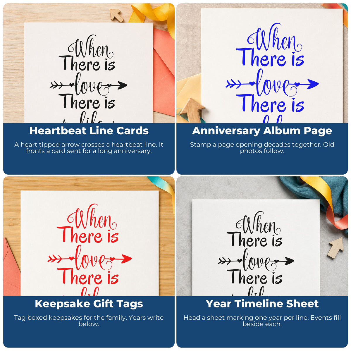 Four ways to use the Love And Life Heartbeat Arrow Stamp – Self-Inking: heartbeat line cards, anniversary album page, keepsake gift tags and year timeline sheet.