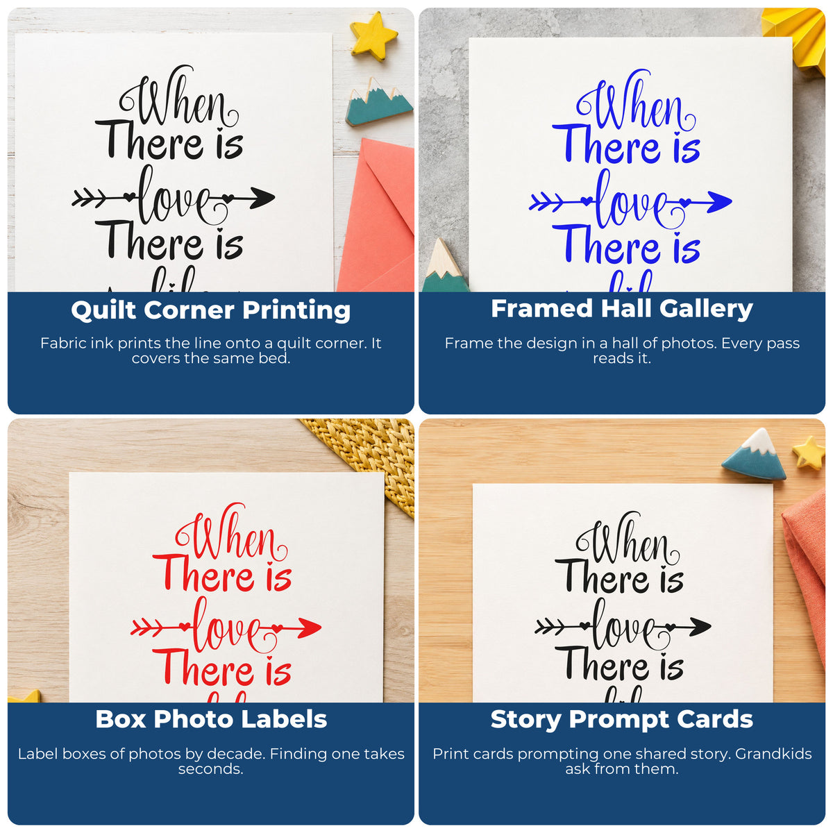 Four ways to use the Love And Life Heartbeat Arrow Stamp – Self-Inking: quilt corner printing, framed hall gallery, box photo labels and story prompt cards.