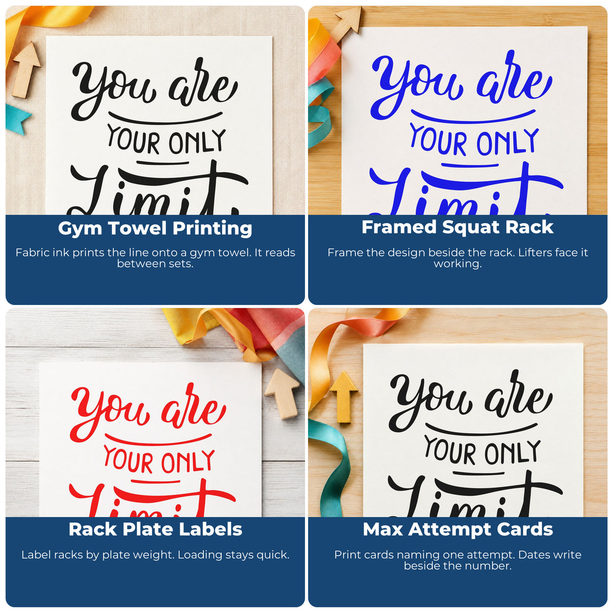 Four ways to use the Pre-Inked You Are Your Only Limit Stamp – PSI: gym towel printing, framed squat rack, rack plate labels and max attempt cards.