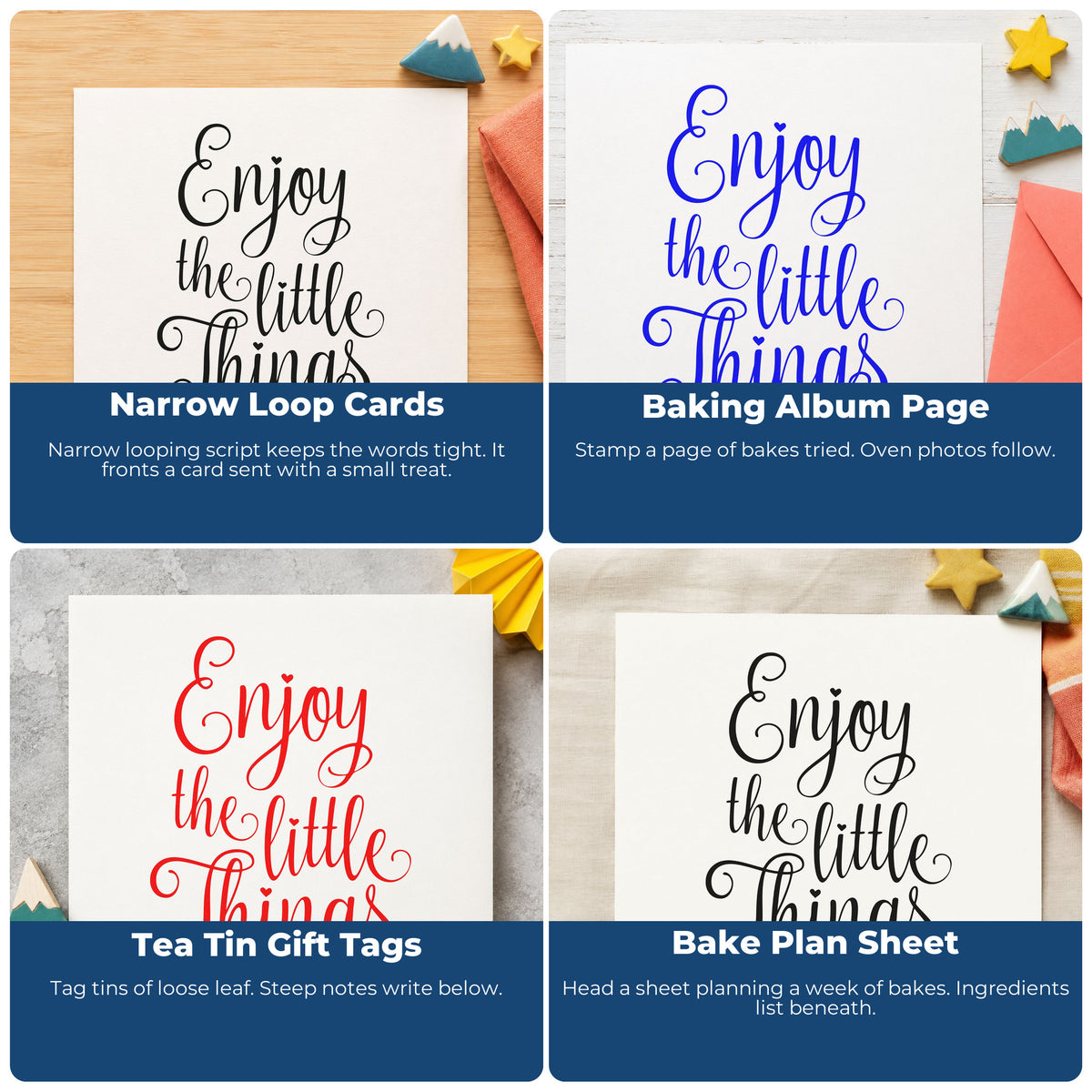 Four ways to use the Enjoy The Little Things Script Lettering Stamp – Wood Handle: narrow loop cards, baking album page, tea tin gift tags and bake plan sheet.
