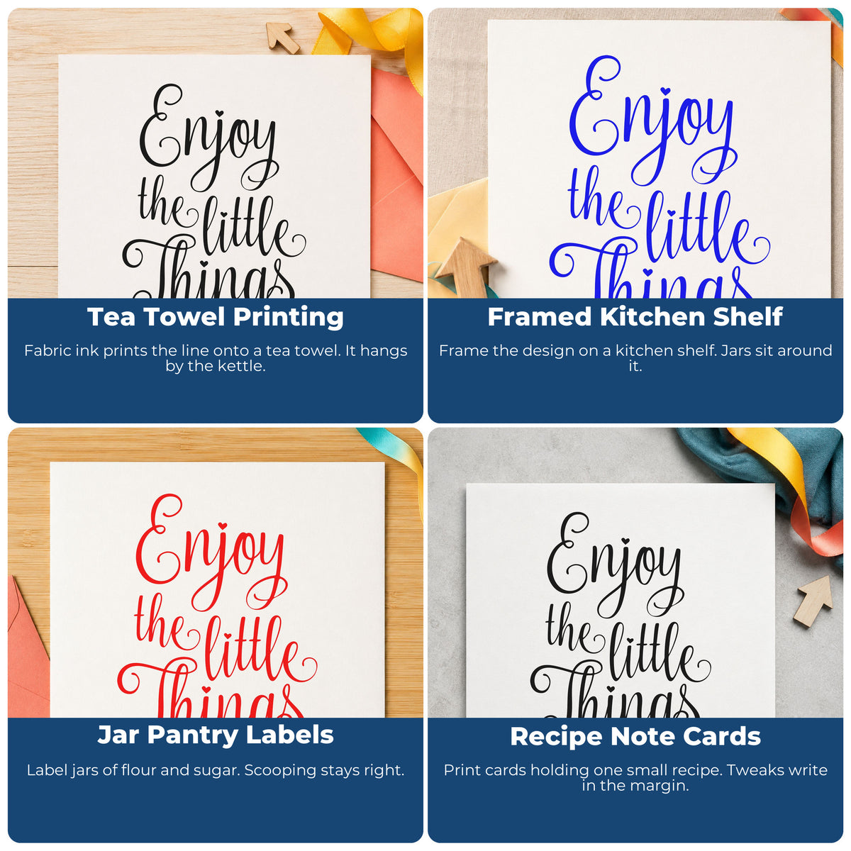Four ways to use the Enjoy The Little Things Script Lettering Stamp – Wood Handle: tea towel printing, framed kitchen shelf, jar pantry labels and recipe note cards.