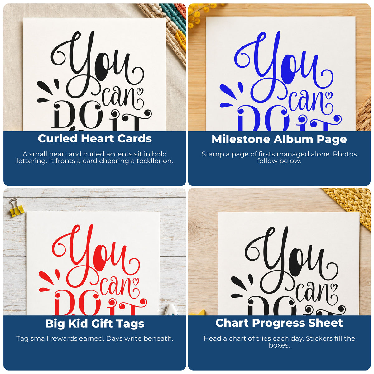 Four ways to use the You Can Do It Flourishes Stamp – Self-Inking: curled heart cards, milestone album page, big kid gift tags and chart progress sheet.