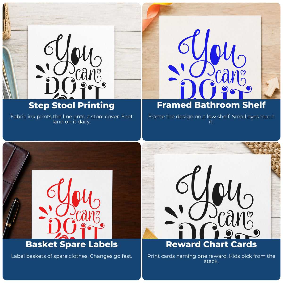 Four ways to use the You Can Do It Flourishes Duo Hand Stamp: step stool printing, framed bathroom shelf, basket spare labels and reward chart cards.