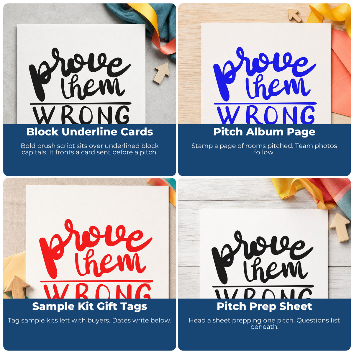 Four ways to use the Prove Them Wrong Bold PSI Pre-Inked Stamp: block underline cards, pitch album page, sample kit gift tags and pitch prep sheet.