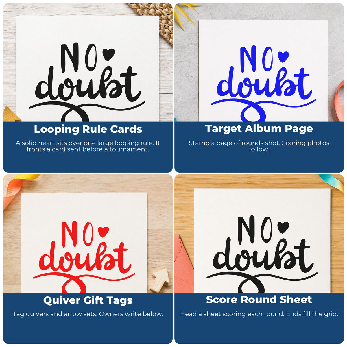 Four ways to use the No Doubt Pre-Inked Stamp – PSI: looping rule cards, target album page, quiver gift tags and score round sheet.