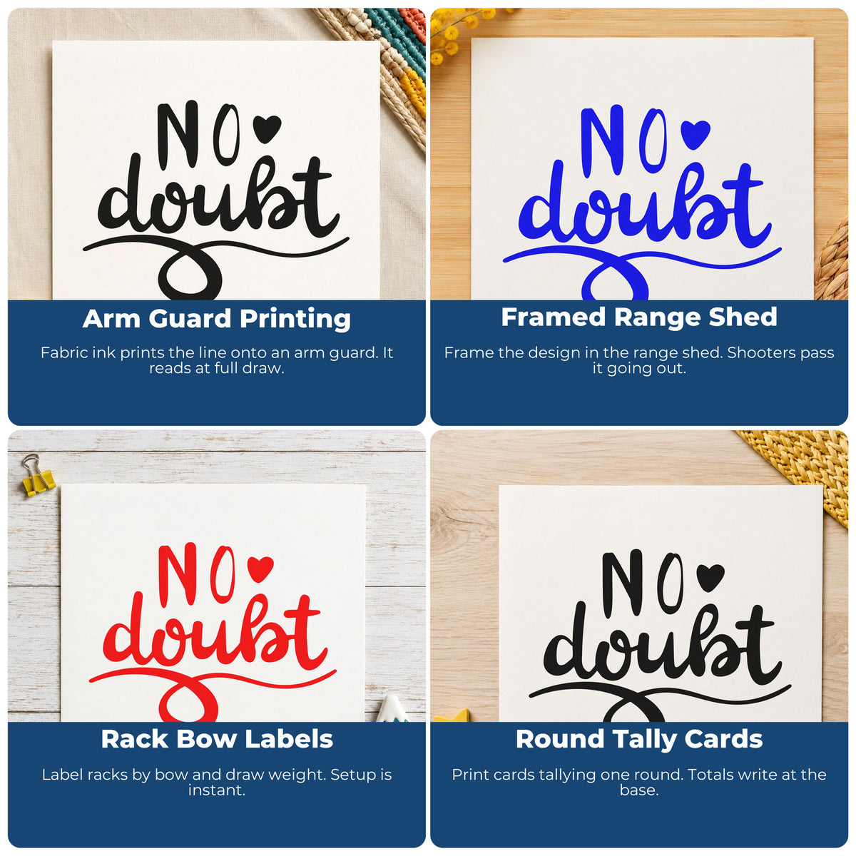 Four ways to use the No Doubt Slim Pre-Inked Stamp: arm guard printing, framed range shed, rack bow labels and round tally cards.