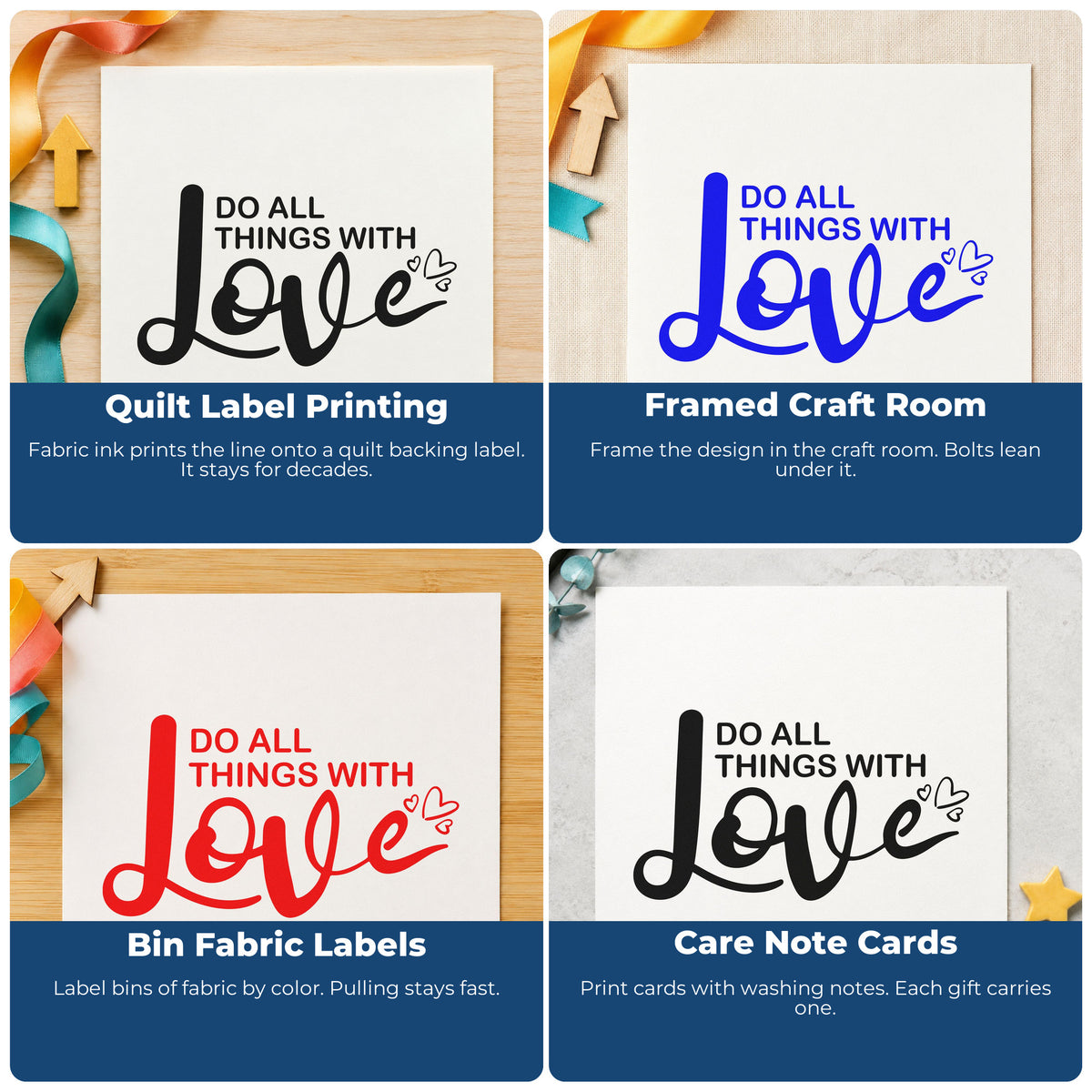 Four ways to use the Do All Things With Love Rubber Stamp – Duo Hand: quilt label printing, framed craft room, bin fabric labels and care note cards.