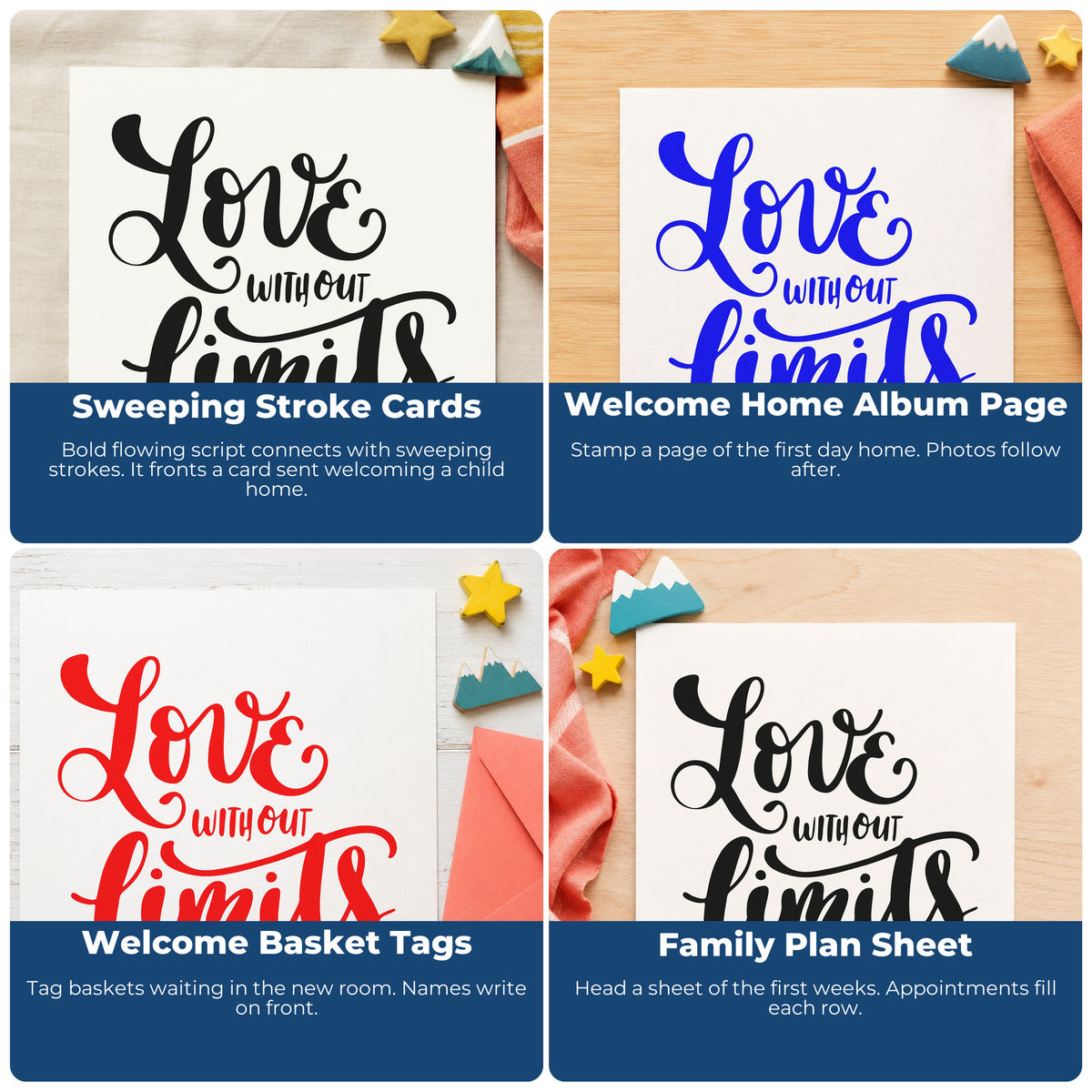 Four ways to use the Love Without Limits Self-Inking Stamp: sweeping stroke cards, welcome home album page, welcome basket tags and family plan sheet.
