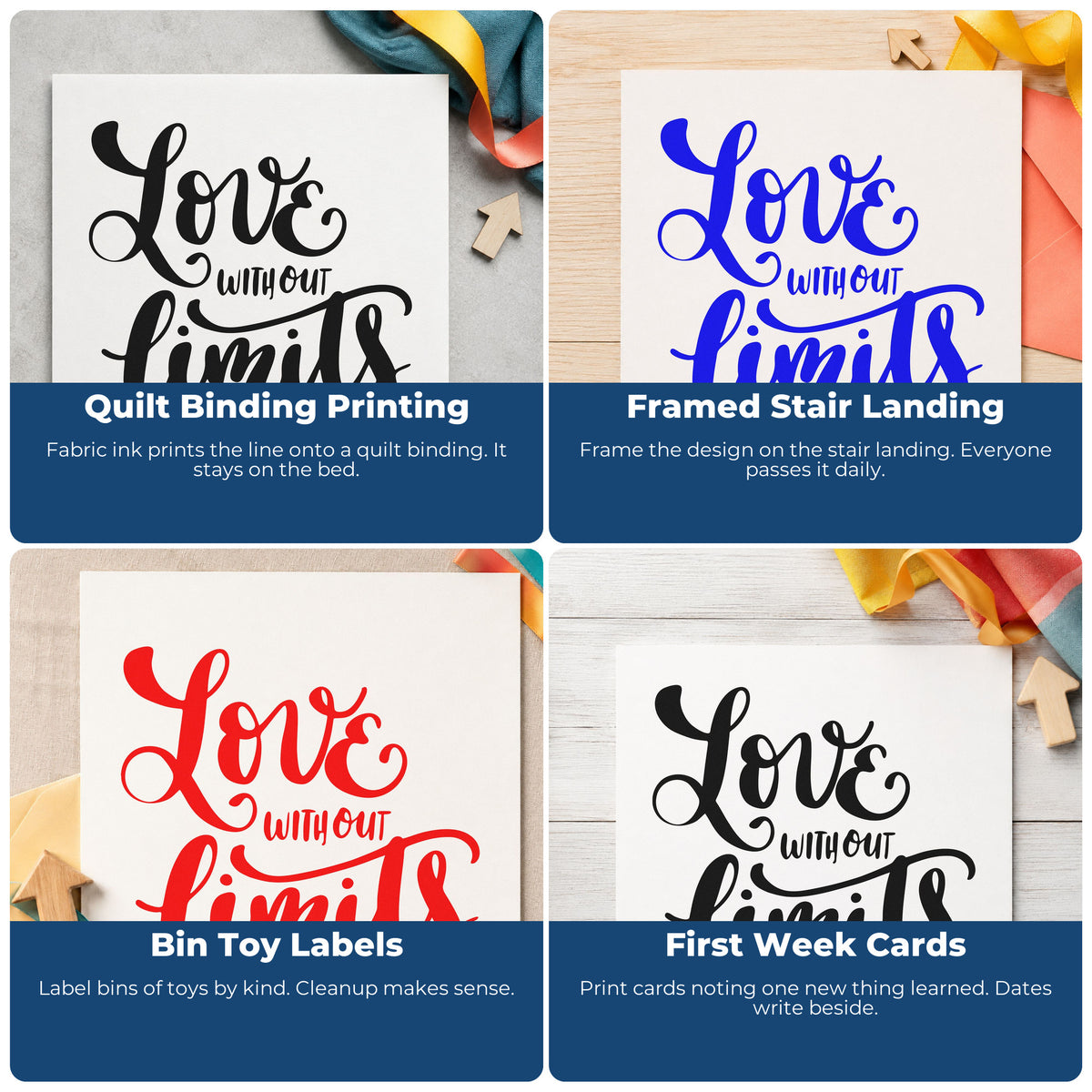 Four ways to use the Love Without Limits Self-Inking Stamp: quilt binding printing, framed stair landing, bin toy labels and first week cards.