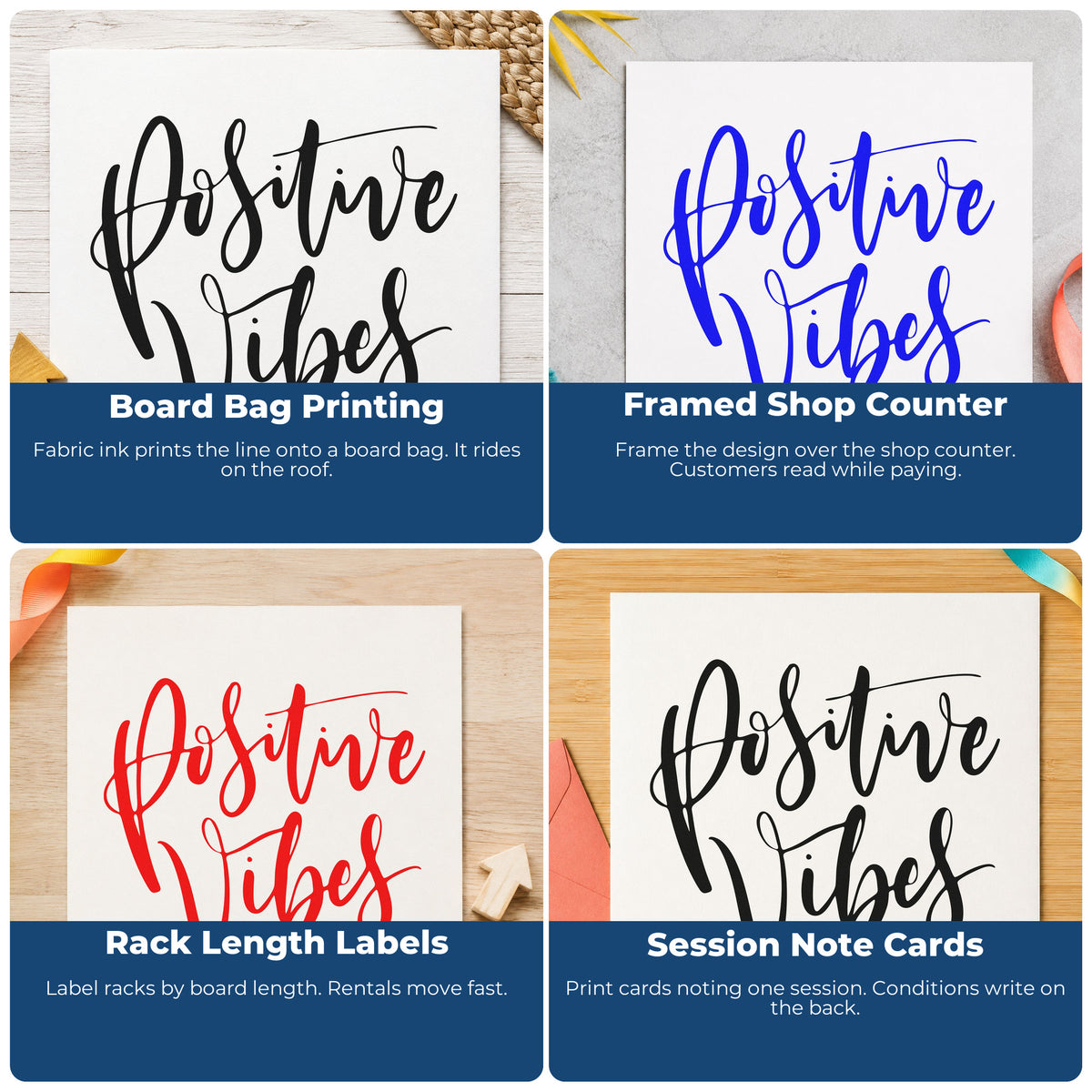 Four ways to use the Positive Vibes Brush Script PSI Pre-Inked Stamp: board bag printing, framed shop counter, rack length labels and session note cards.