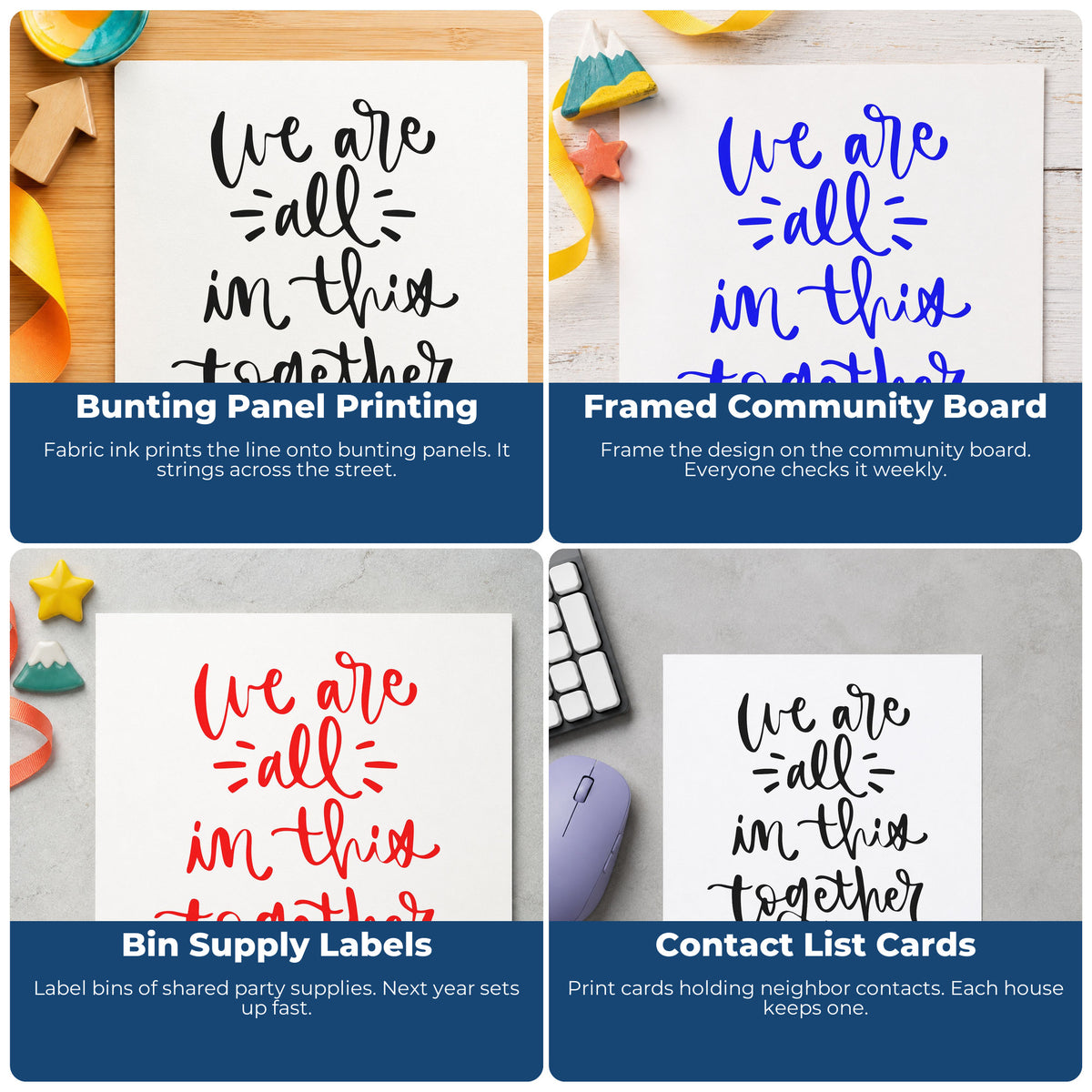 Four ways to use the We Are All In Together Wood Handle Stamp: bunting panel printing, framed community board, bin supply labels and contact list cards.