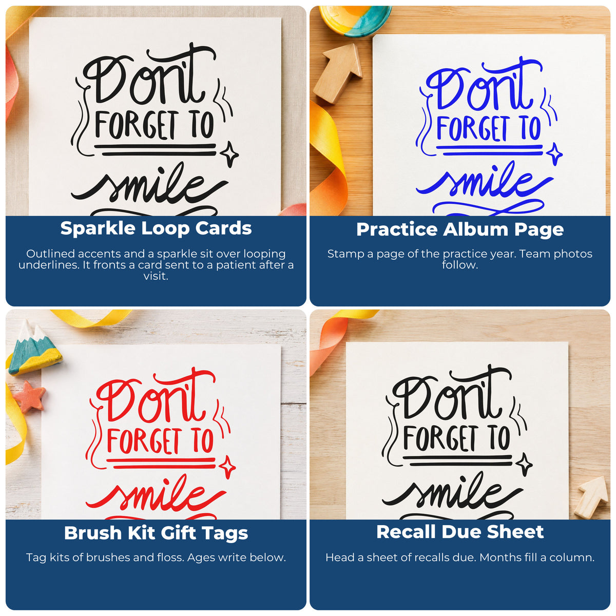 Four ways to use the Don't Forget To Smile Rubber Stamp – Wood Handle: sparkle loop cards, practice album page, brush kit gift tags and recall due sheet.