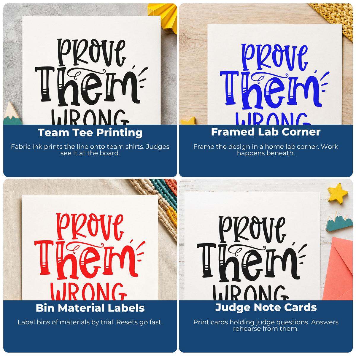 Four ways to use the Prove Them Wrong Stamp – PSI Pre-Inked: team tee printing, framed lab corner, bin material labels and judge note cards.