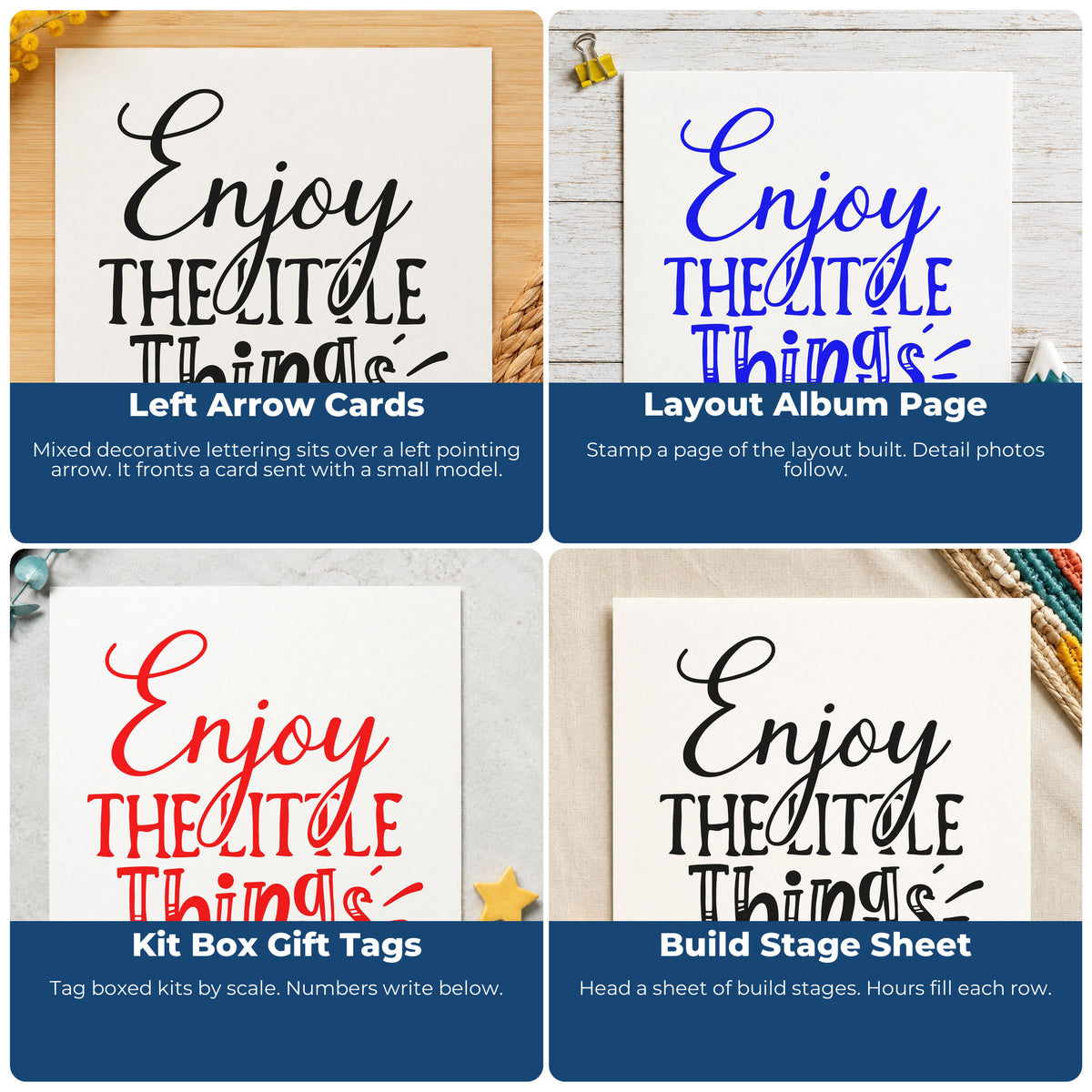 Four ways to use the Enjoy The Little Things Arrow Lettering Self-Inking Stamp: left arrow cards, layout album page, kit box gift tags and build stage sheet.