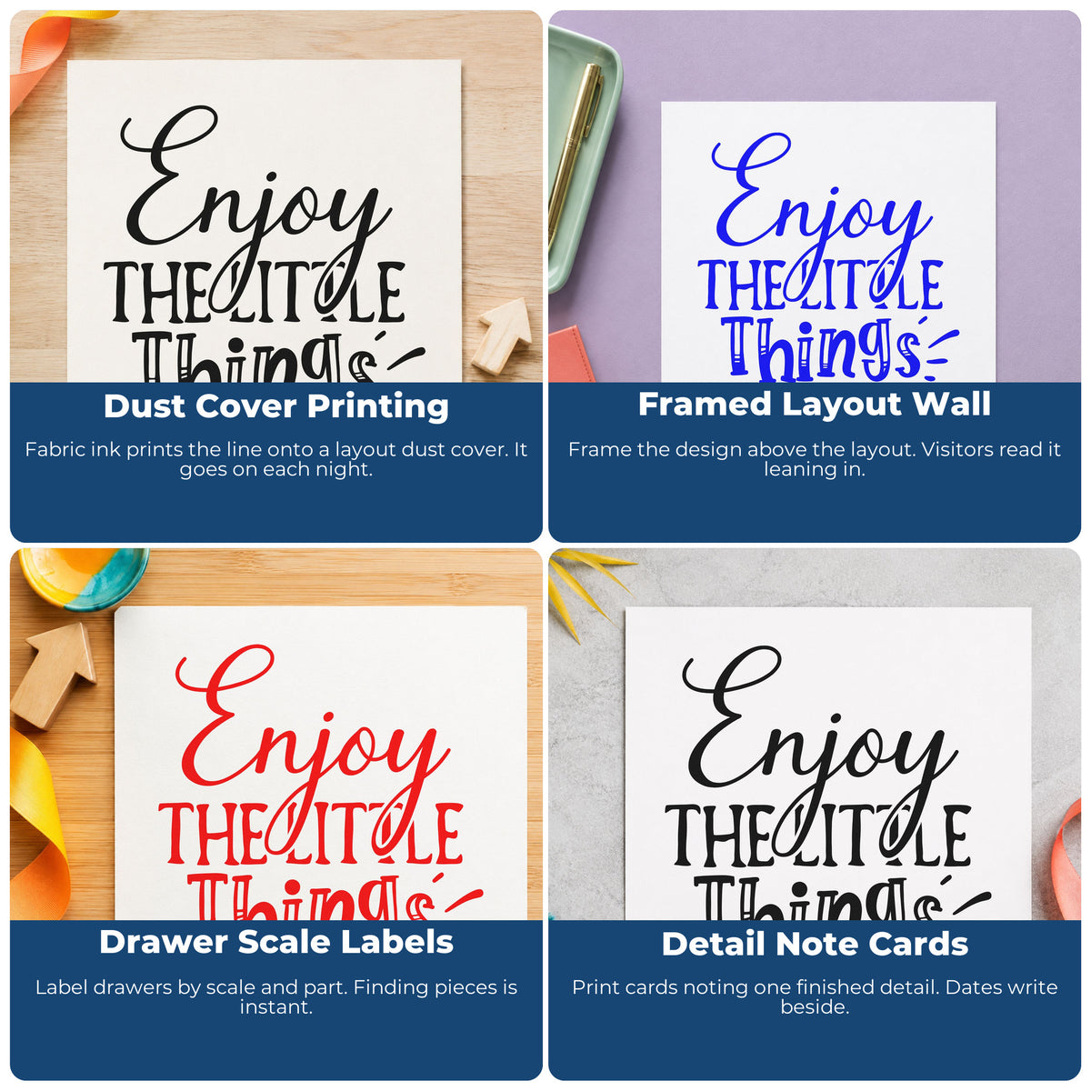 Four ways to use the Enjoy The Little Things Arrow Lettering Self-Inking Stamp: dust cover printing, framed layout wall, drawer scale labels and detail note cards.