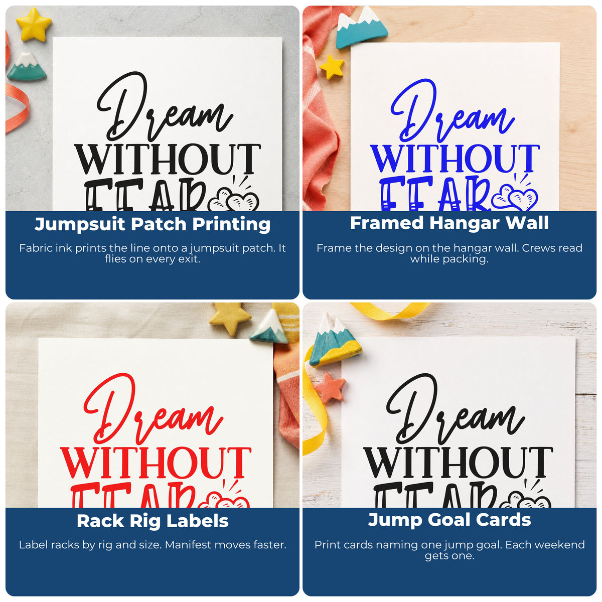 Four ways to use the PSI Pre-Inked Dream Without Fear Hearts Stamp: jumpsuit patch printing, framed hangar wall, rack rig labels and jump goal cards.