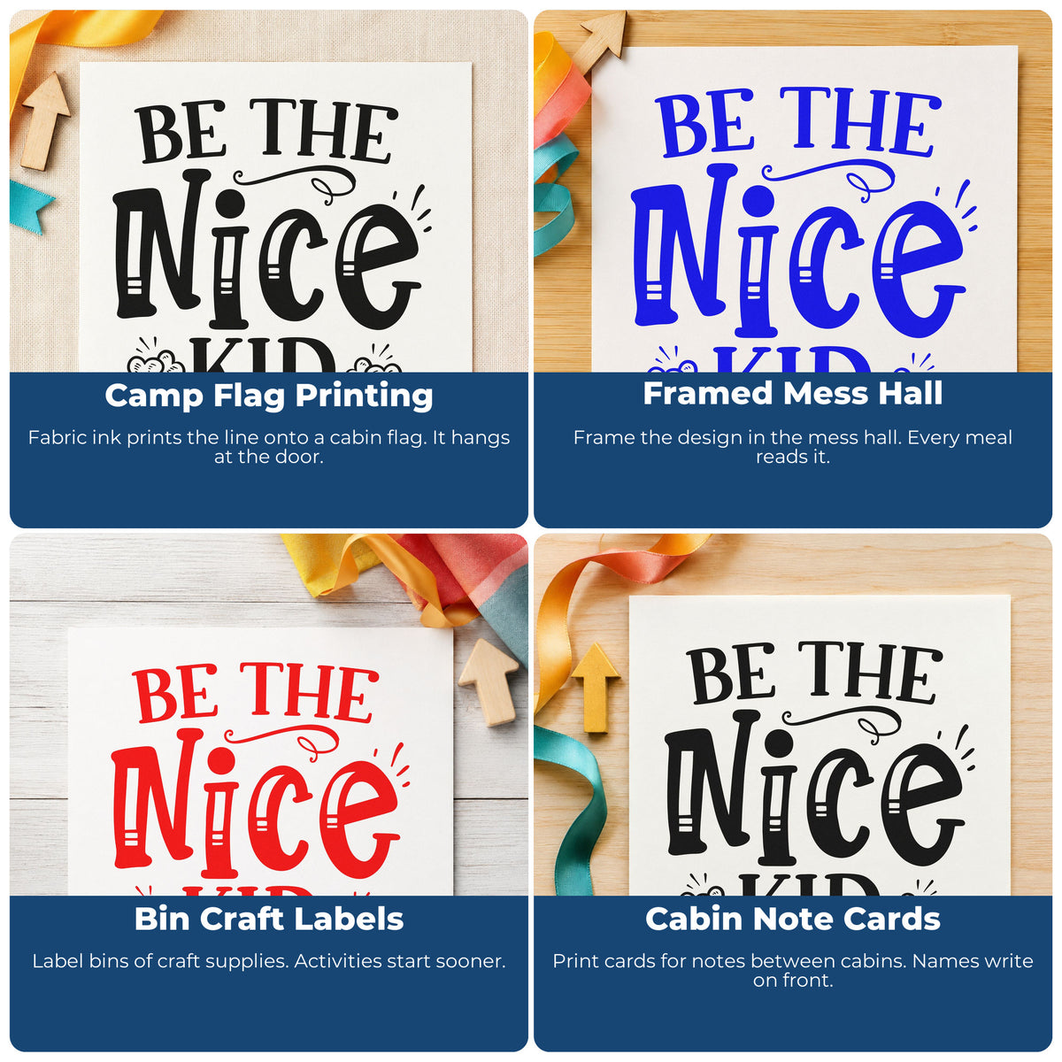 Four ways to use the Be The Nice Kid With Hearts Stamp – Duo Hand: camp flag printing, framed mess hall, bin craft labels and cabin note cards.