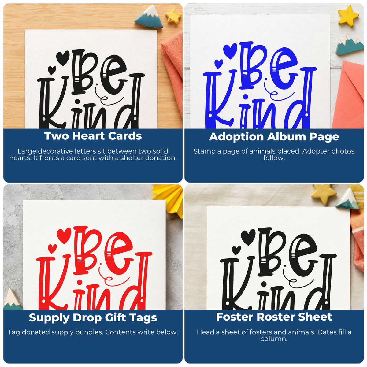 Four ways to use the Be Kind Decorative Hearts PSI Pre-Inked Stamp: two heart cards, adoption album page, supply drop gift tags and foster roster sheet.