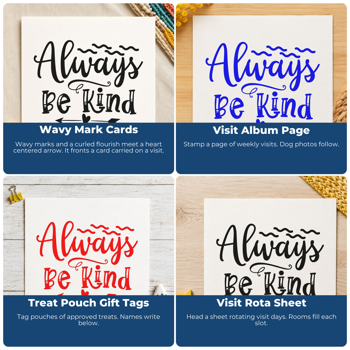 Four ways to use the Always Be Kind Arrow With Hearts Self-Inking Stamp: wavy mark cards, visit album page, treat pouch gift tags and visit rota sheet.