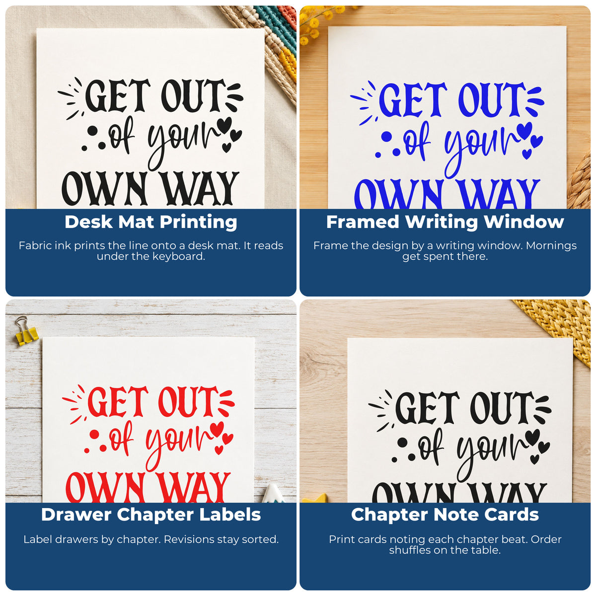 Four ways to use the Get Out Of Your Own Way Craft Stamp – Self-Inking: desk mat printing, framed writing window, drawer chapter labels and chapter note cards.