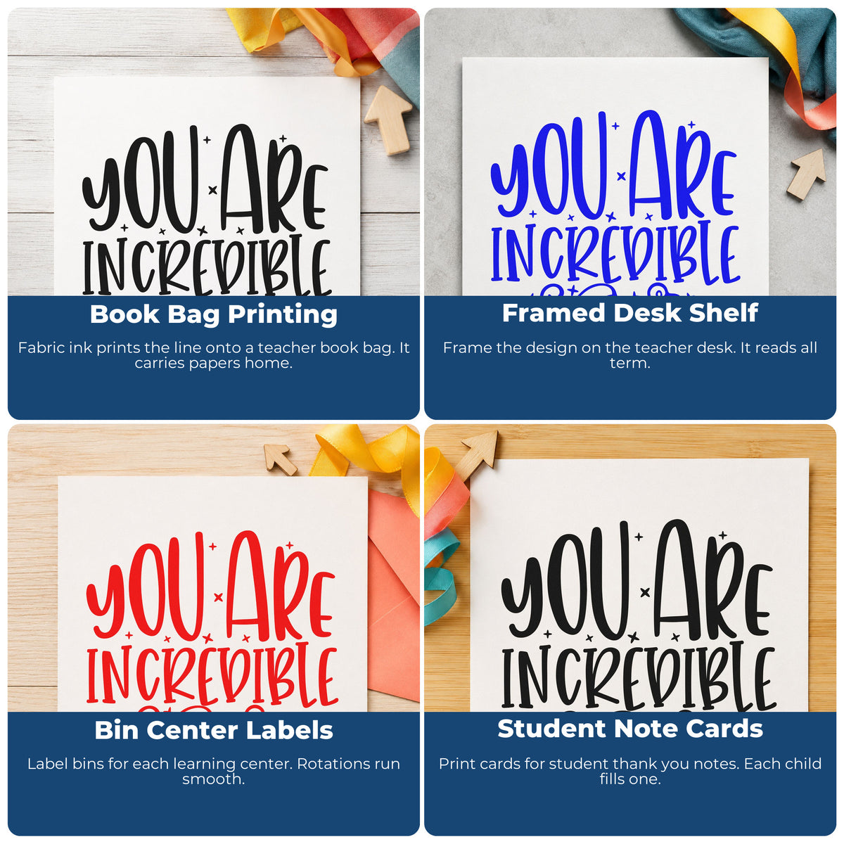 Four ways to use the You Are Incredible Flourishes PSI Pre-Inked Stamp: book bag printing, framed desk shelf, bin center labels and student note cards.