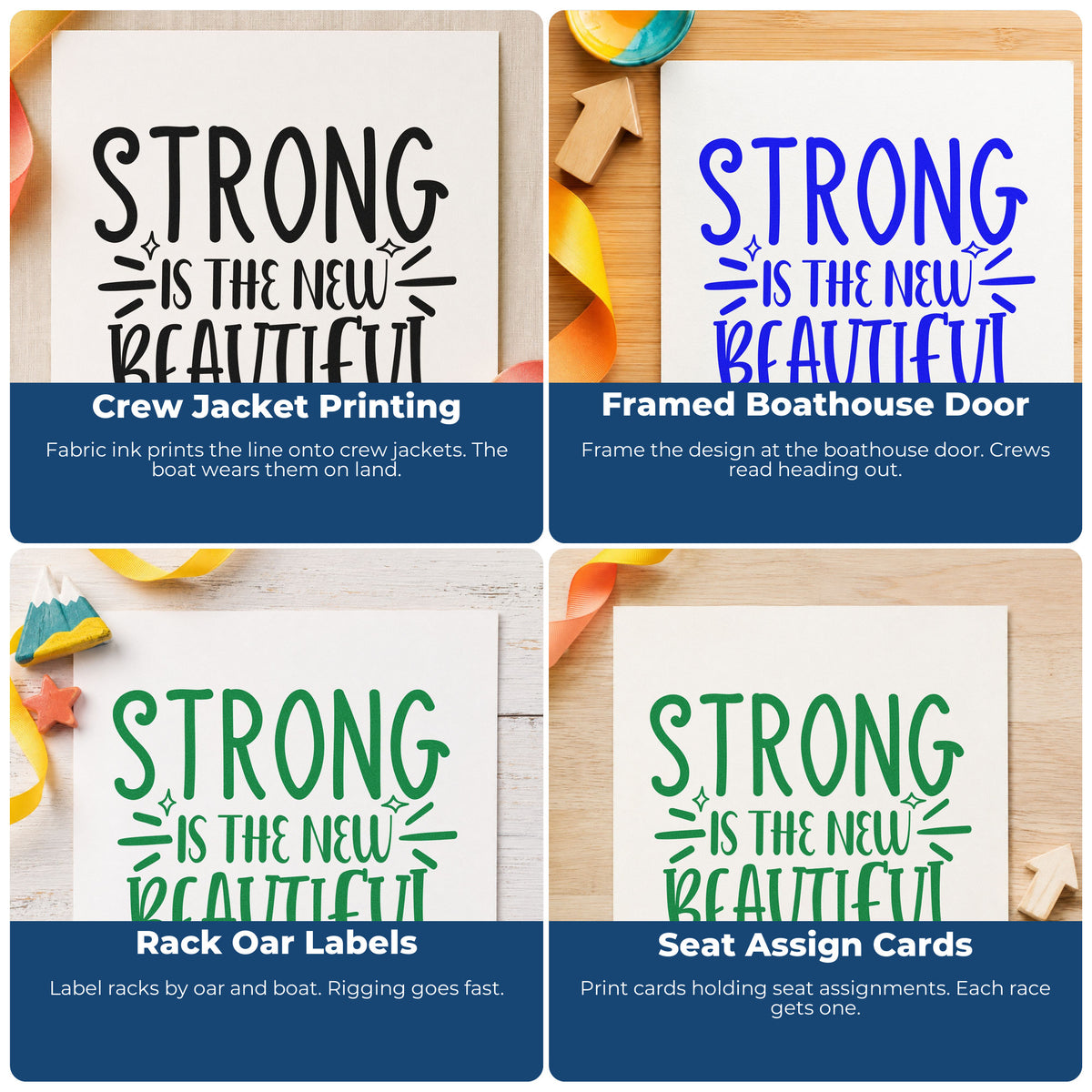 Four ways to use the Strong Is The New Beautiful Rubber Stamp – Wood Handle: crew jacket printing, framed boathouse door, rack oar labels and seat assign cards.