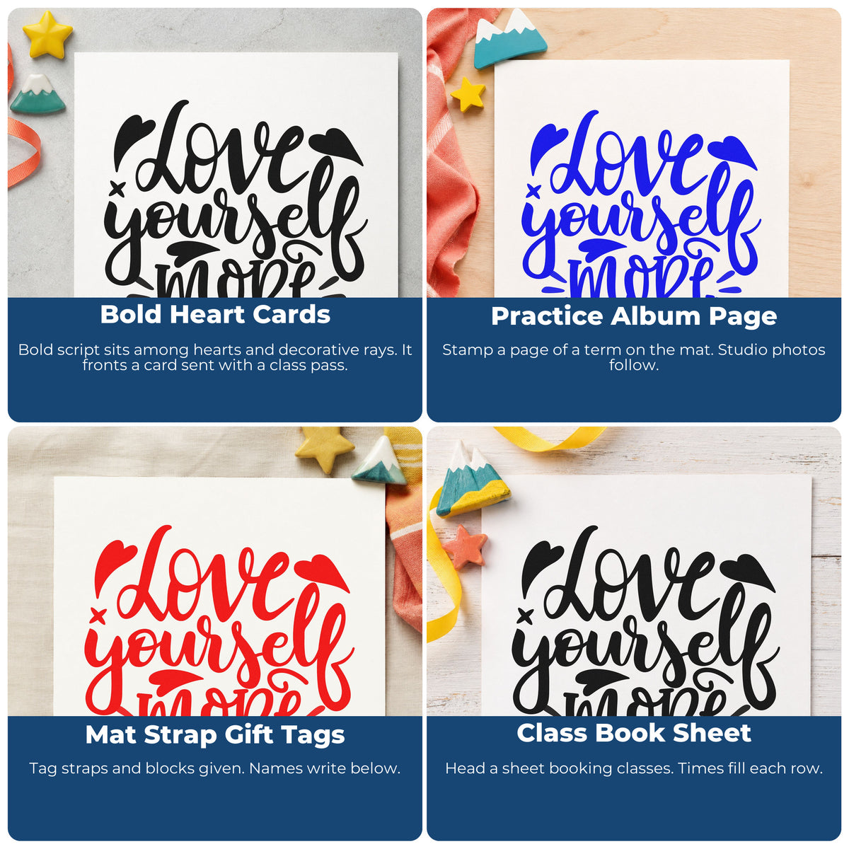 Four ways to use the Love Yourself More Hearts Self-Inking Stamp: bold heart cards, practice album page, mat strap gift tags and class book sheet.
