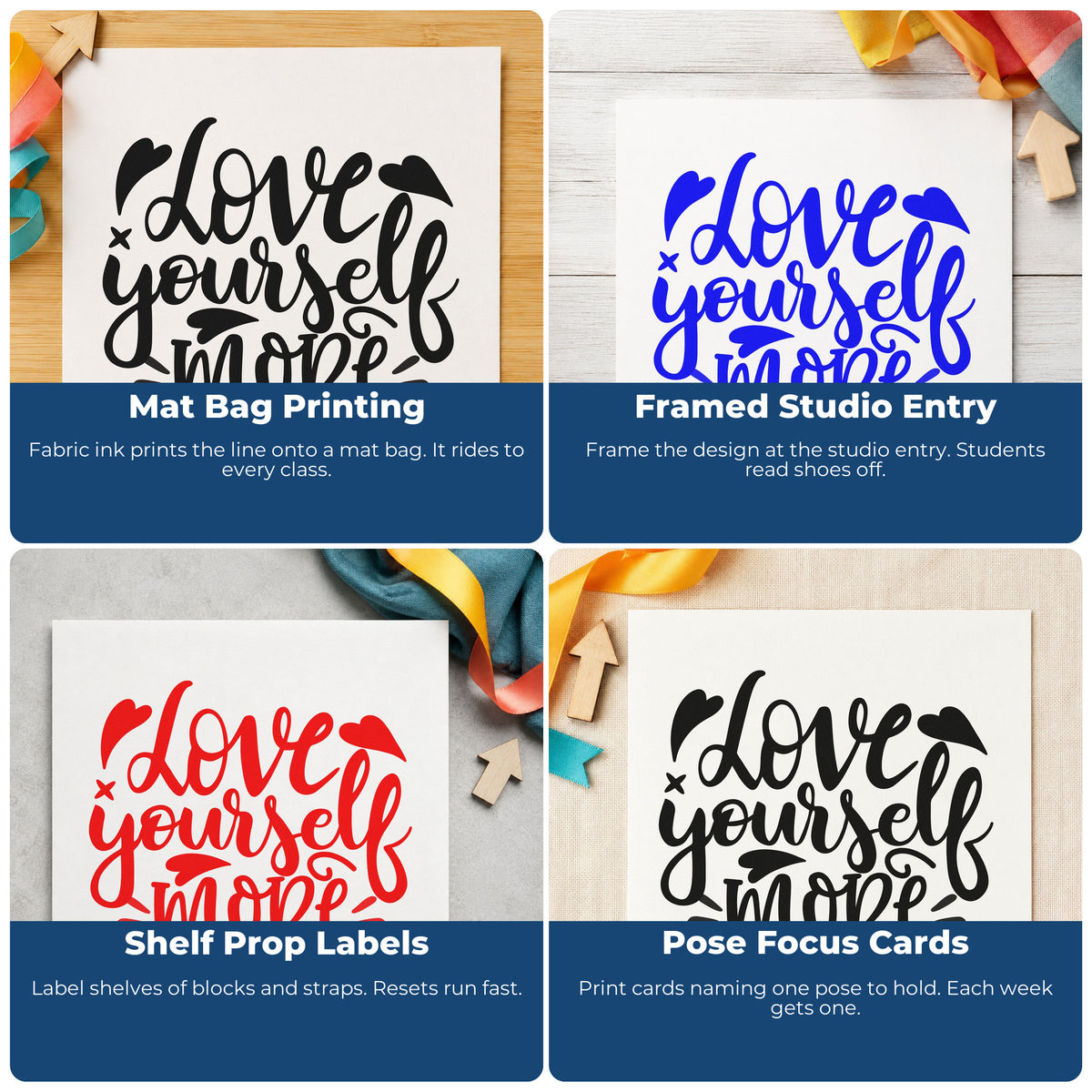Four ways to use the Love Yourself More Hearts Self-Inking Stamp: mat bag printing, framed studio entry, shelf prop labels and pose focus cards.