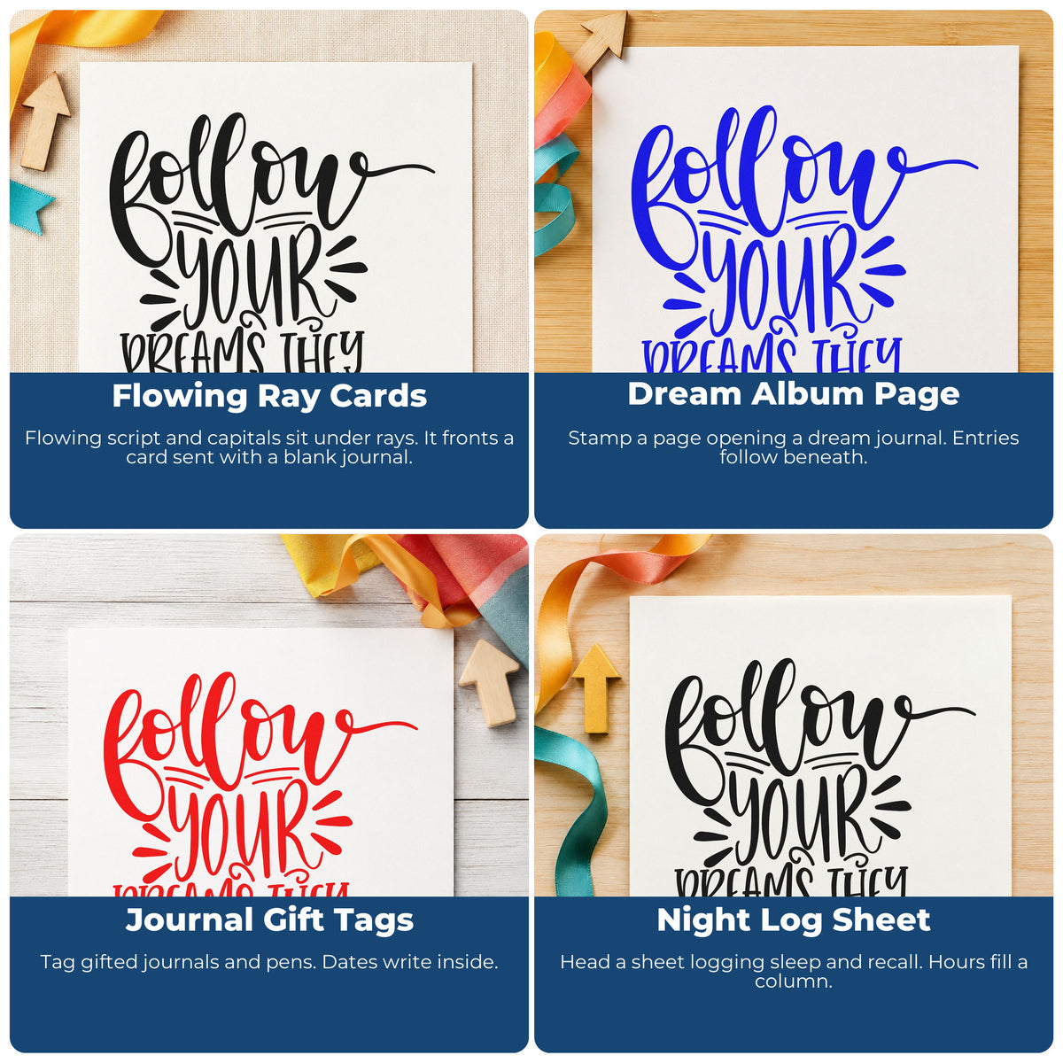 Four ways to use the Follow Dreams Know The Way Slim Pre-Inked Stamp: flowing ray cards, dream album page, journal gift tags and night log sheet.