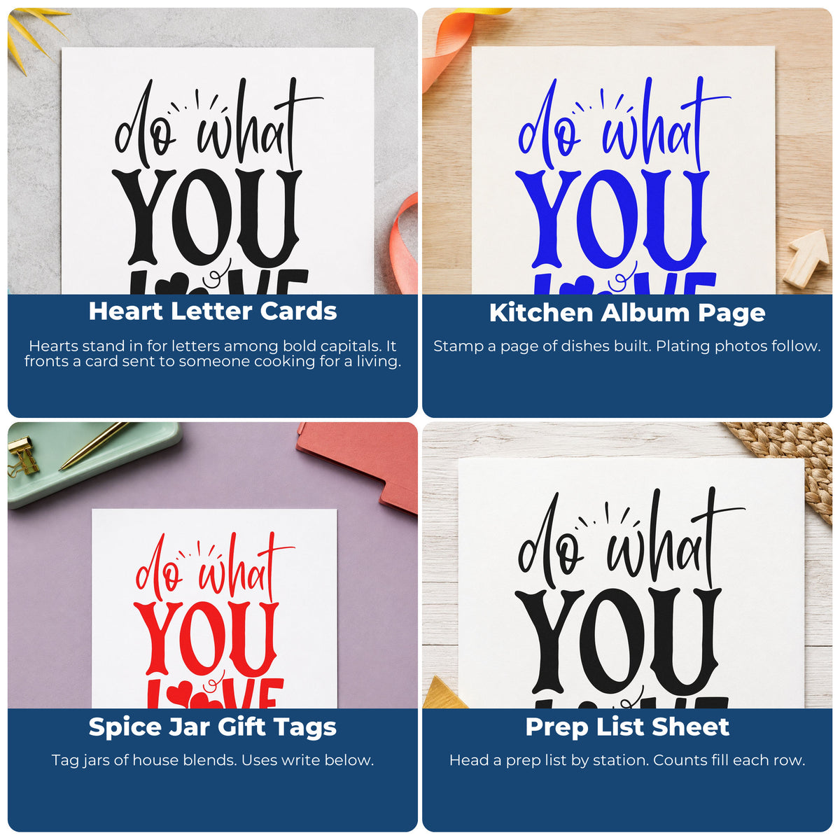 Four ways to use the Do What You Love Heart Accents Rubber Stamp – Duo Hand: heart letter cards, kitchen album page, spice jar gift tags and prep list sheet.