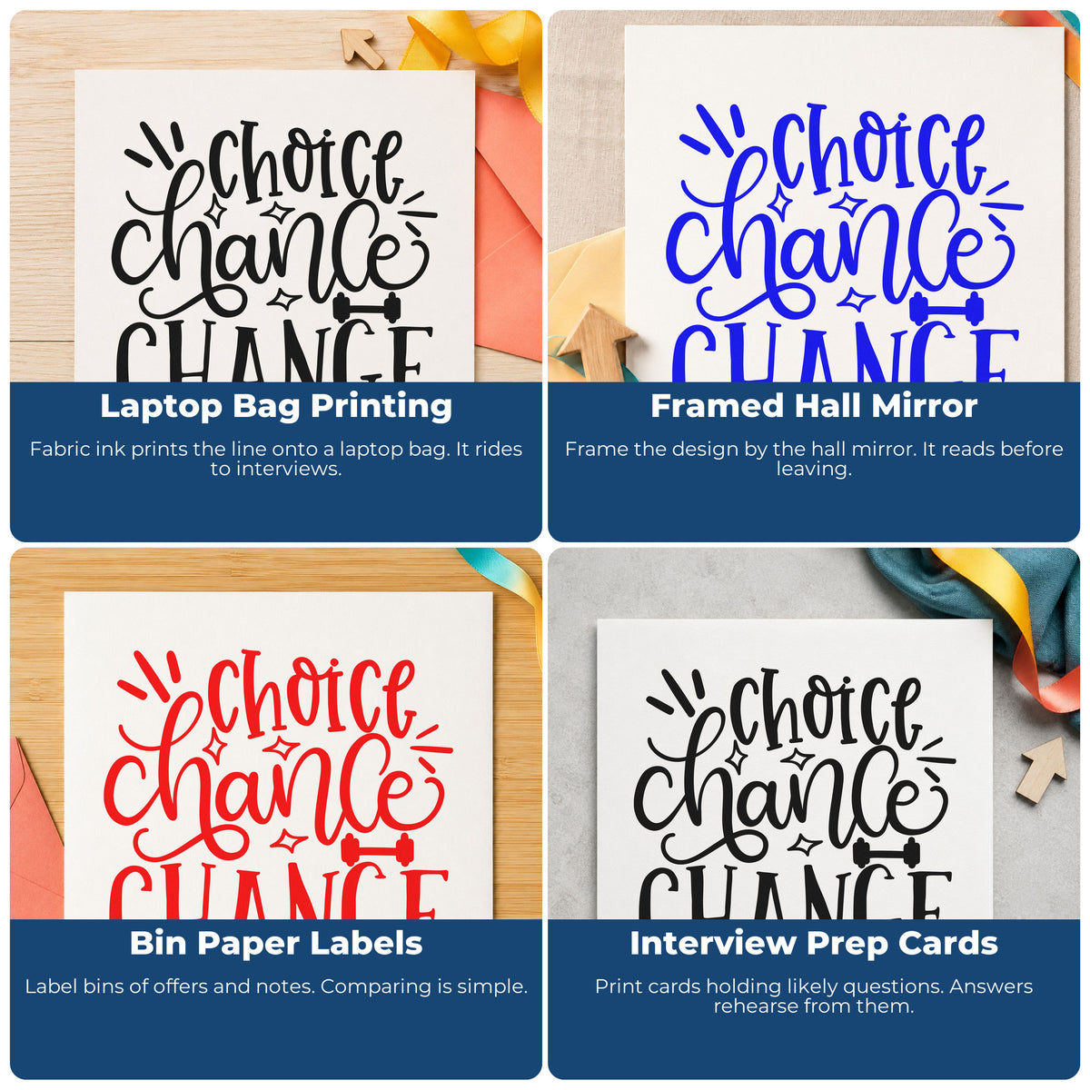 Four ways to use the Choice Chance Change Stamp – Wood Handle: laptop bag printing, framed hall mirror, bin paper labels and interview prep cards.