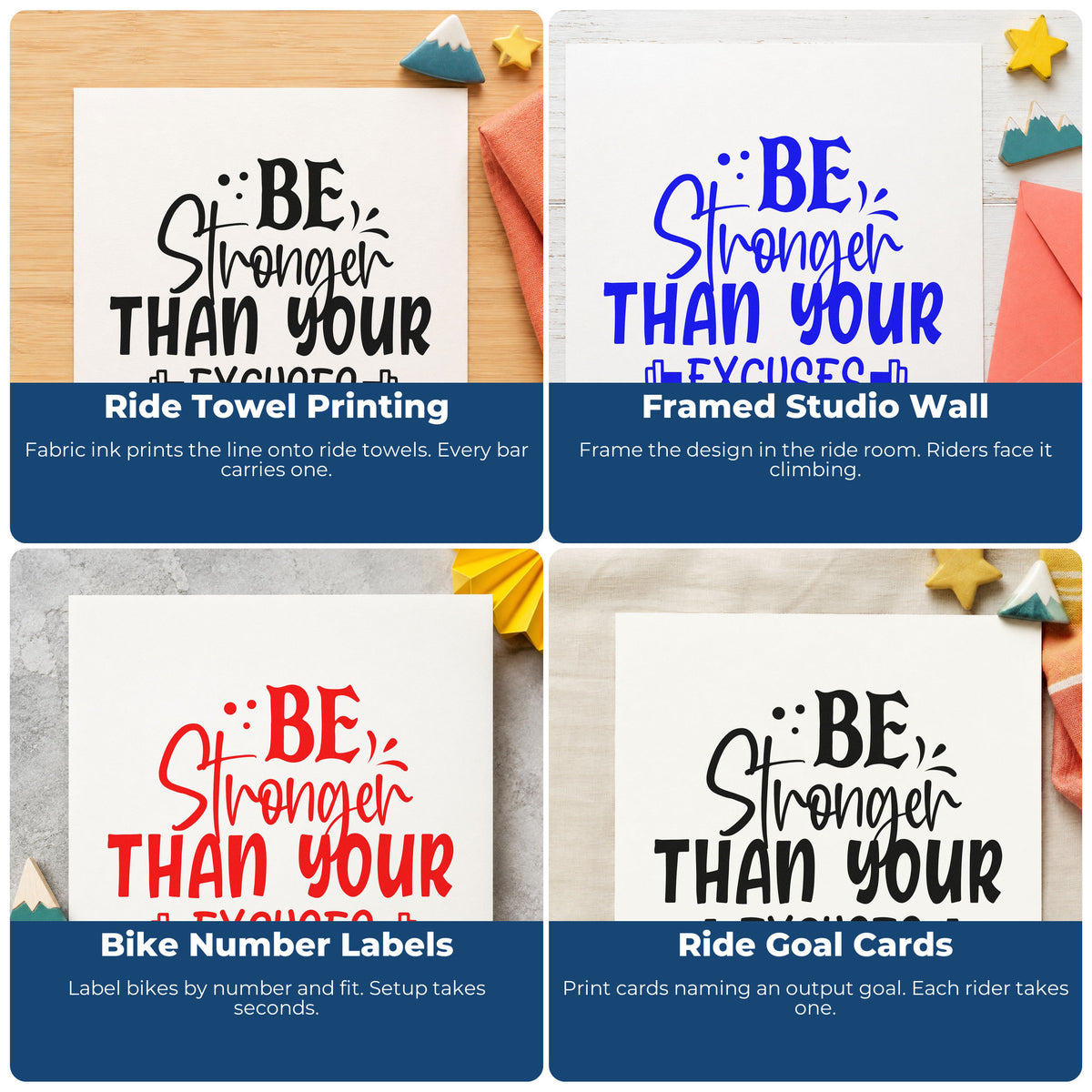 Four ways to use the Be Stronger Than Excuses Dumbbells Hand Stamp – Duo: ride towel printing, framed studio wall, bike number labels and ride goal cards.