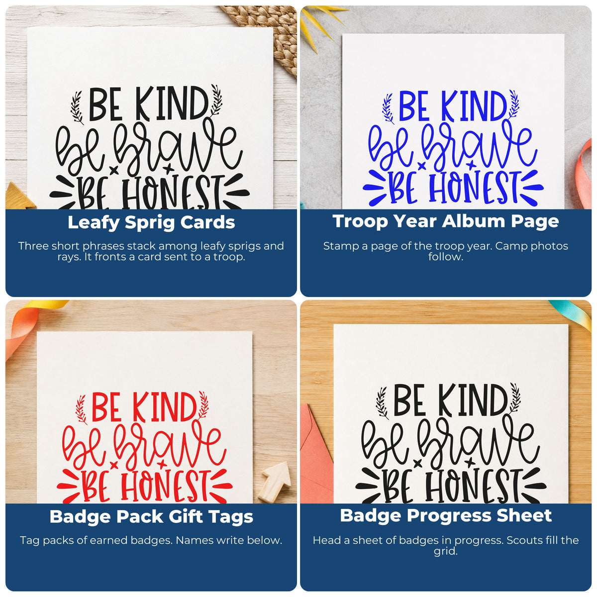 Four ways to use the Be Kind Brave Honest Botanical Sprig Stamp – Duo Hand: leafy sprig cards, troop year album page, badge pack gift tags and badge progress sheet.