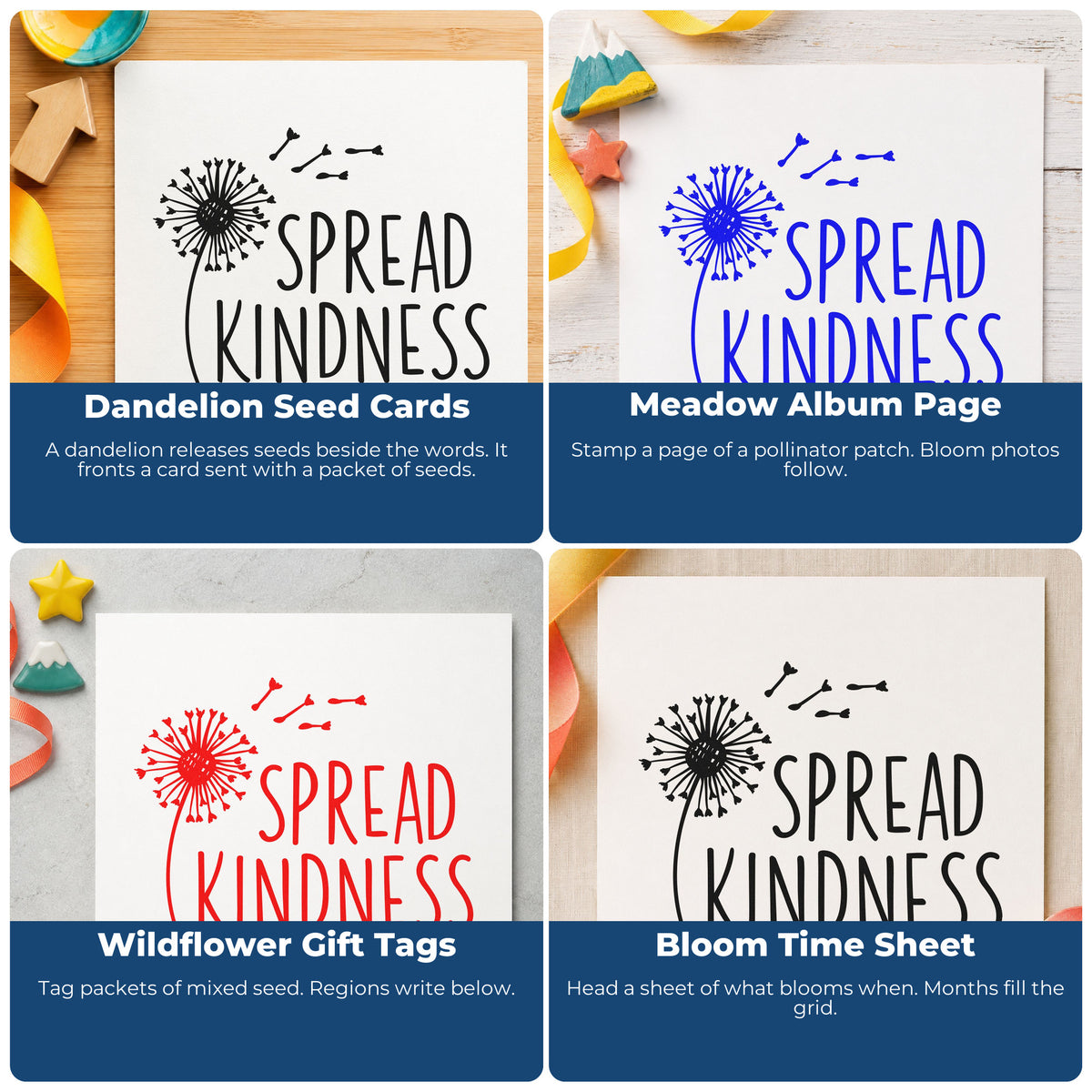 Four ways to use the Spread Kindness Dandelion Seeds Rubber Stamp – Duo Hand: dandelion seed cards, meadow album page, wildflower gift tags and bloom time sheet.