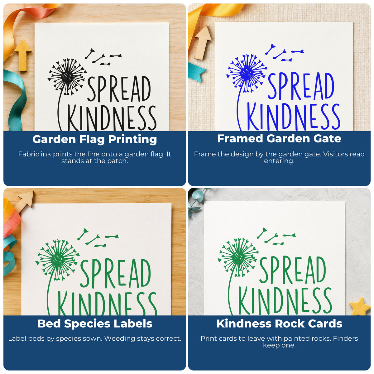Four ways to use the Spread Kindness Dandelion Seeds Pre-Inked Stamp – Slim: garden flag printing, framed garden gate, bed species labels and kindness rock cards.
