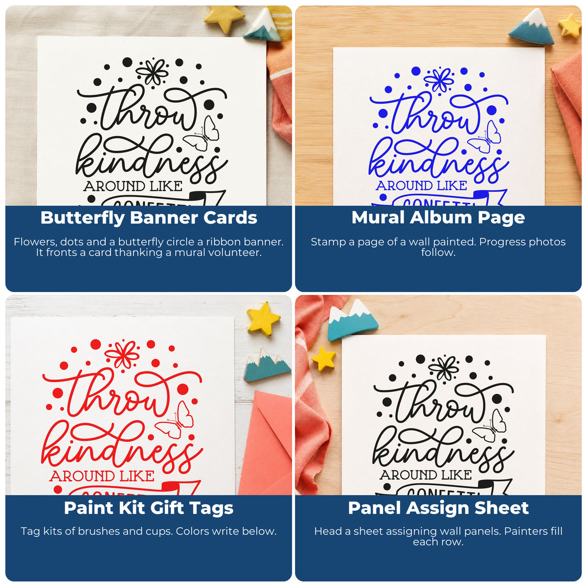 Four ways to use the Throw Kindness Like Confetti Self-Inking Stamp: butterfly banner cards, mural album page, paint kit gift tags and panel assign sheet.