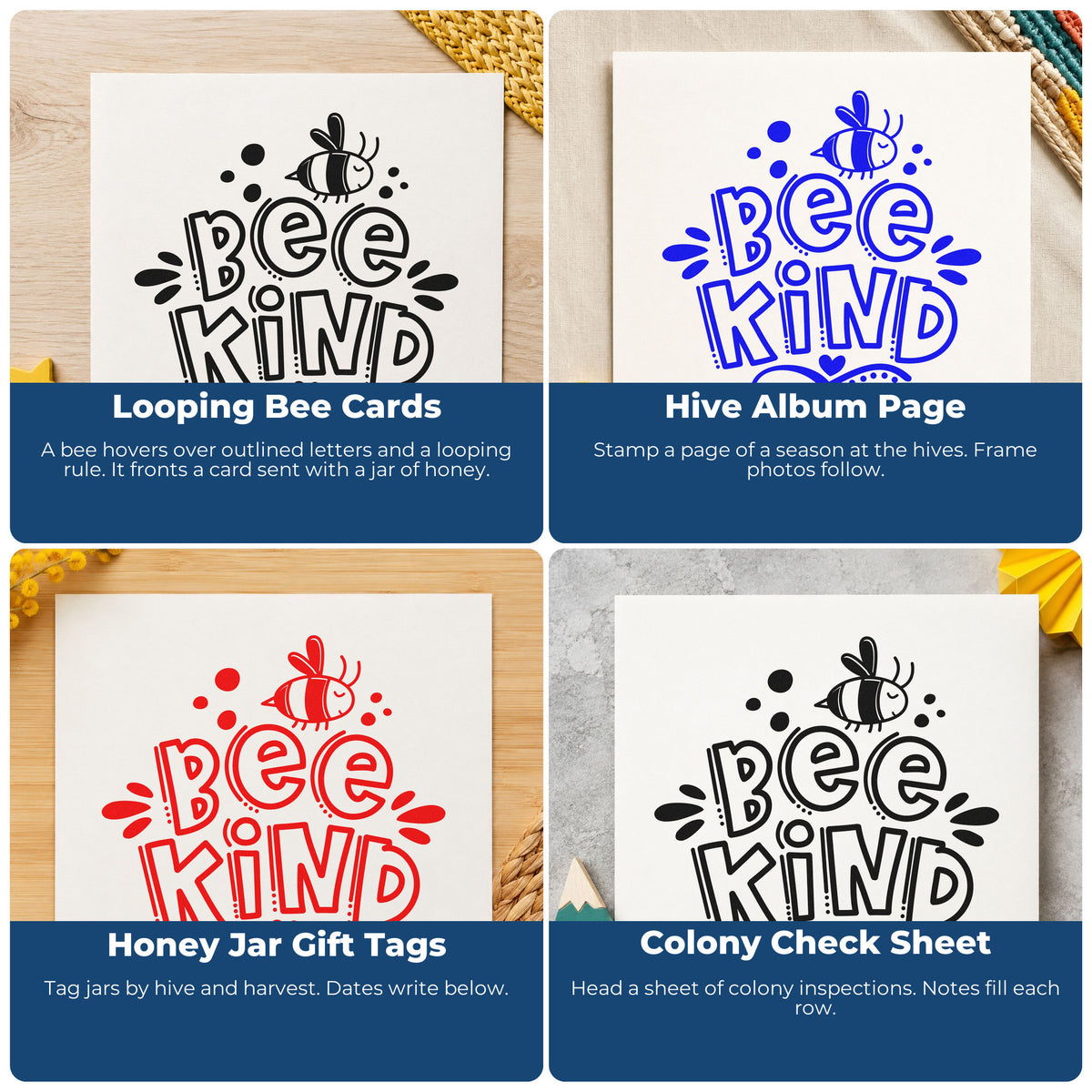 Four ways to use the Bee Kind With Bee And Dotted Flourish Rubber Stamp – Wood Handle: looping bee cards, hive album page, honey jar gift tags and colony check sheet.
