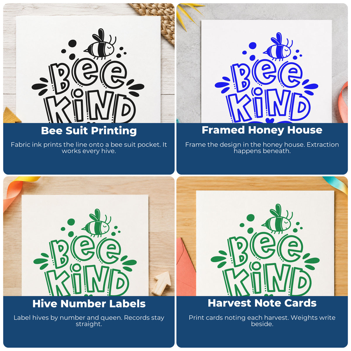 Four ways to use the Bee Kind With Bee And Dotted Flourish Hand Stamp – Duo: bee suit printing, framed honey house, hive number labels and harvest note cards.