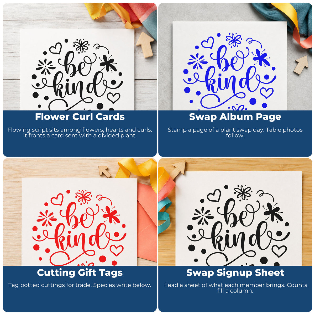 Four ways to use the Be Kind Flowers Hearts Craft Stamp – Self-Inking: flower curl cards, swap album page, cutting gift tags and swap signup sheet.