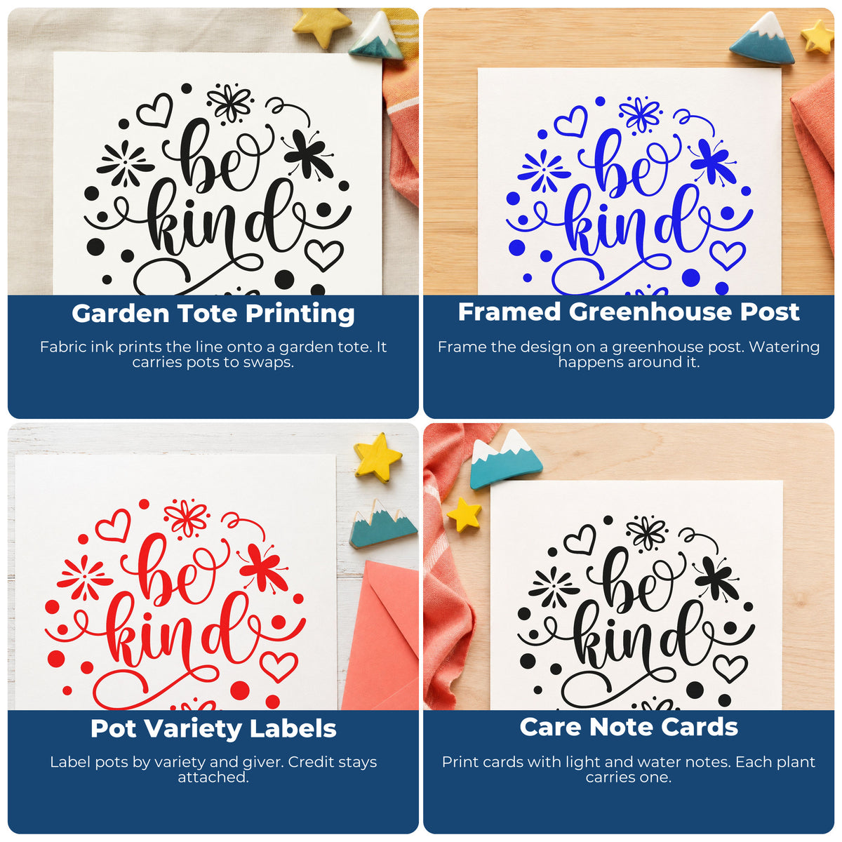 Four ways to use the Be Kind Flowers Hearts Craft Stamp – Self-Inking: garden tote printing, framed greenhouse post, pot variety labels and care note cards.