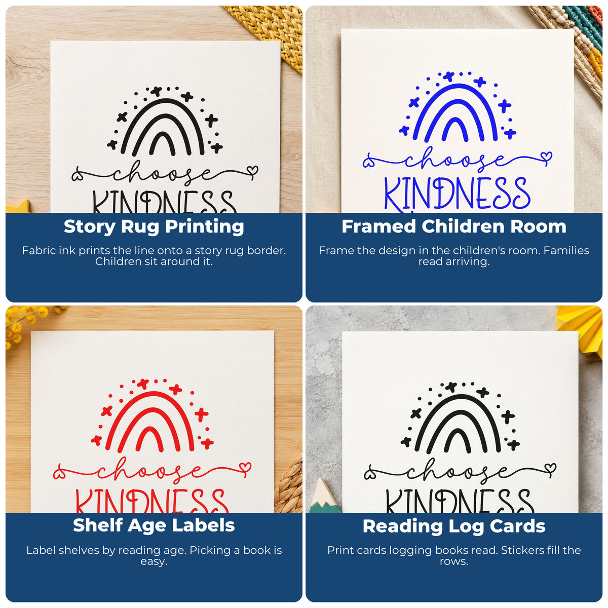 Four ways to use the Choose Kindness Starry Rainbow With Hearts PSI Pre-Inked Stamp: story rug printing, framed children room, shelf age labels and reading log cards.